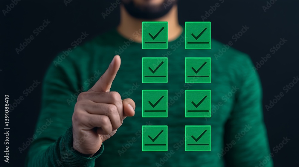Poster man interacting with digital checklist, selecting options, pointing with finger, green check marks o