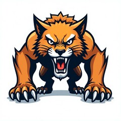 Obraz premium Bold, fierce wildcat mascot in an aggressive, symmetrical pose with sharp claws, intense eyes, and modern flat colors. Ideal for sports, branding, and merchandise
