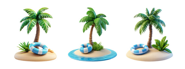 Obraz premium Tropical Island Scene with Palm Trees and Life Preservers for Vacation