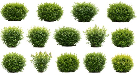 Collection of Lush Green Shrubs Isolated on White Background