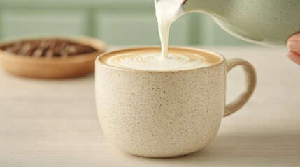 Pouring cream into a stylish coffee cup cozy kitchen beverage photography bright atmosphere close-up view comfort concept