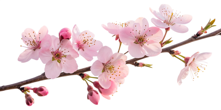 Pink cherry blossoms on a branch, isolated on a transparent background.