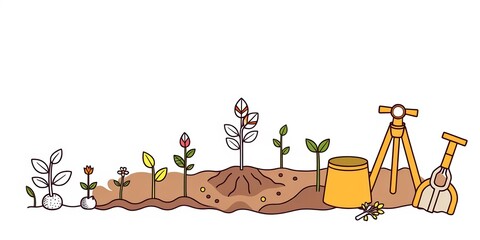 A collection of spring plant growth line icons; seeds, seedlings, drought-stricken soil, soil testing, and agricultural tools Editable stroke, signs, garden icons