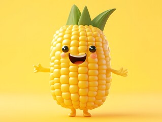 Smiling Corn Cob Character on Yellow Background for Food Promotion