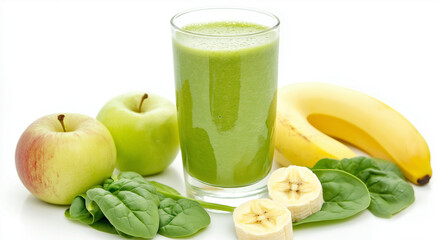 Fototapeta premium Um copo gelado de smoothie verde, repleto de sabores de espinafre, banana e maçã, em um fundo branco