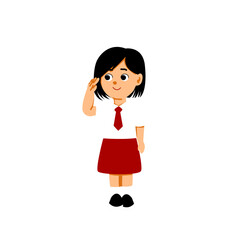 Schoolgirl in Red Skirt Saluting, Flat Illustration