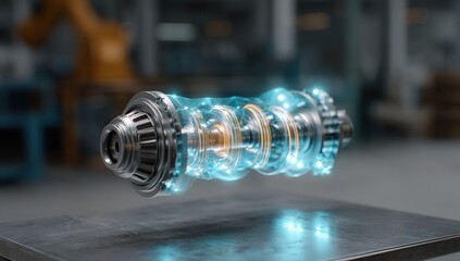 Obraz premium Futuristic glowing turbine part in industrial setting.