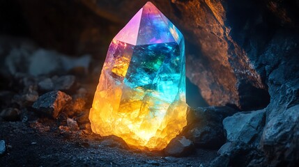 Vibrant Iridescent Aura Crystal on a Rock Surface / 岩の上に置かれた鮮やかな玉虫色のオーラクリスタル