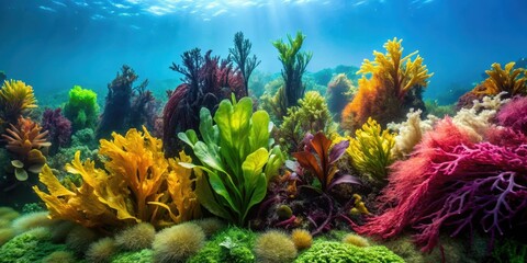 Naklejka premium Vibrant Underwater Seascape Showcasing a Lush Variety of Colorful Seaweed and Aquatic Plants Thriving in a Sunlit Ocean Environment