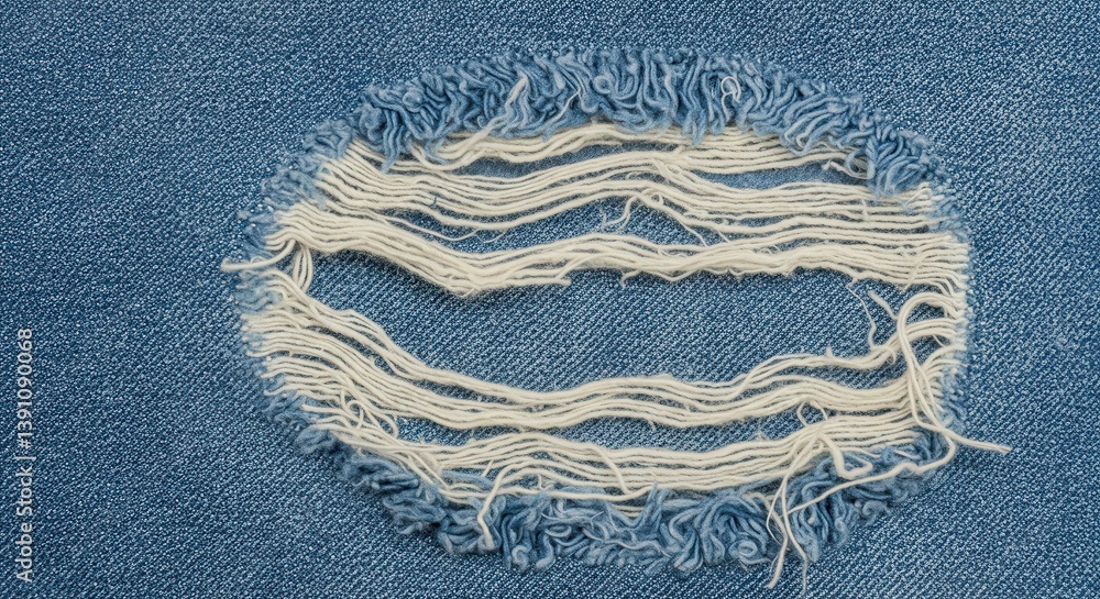 Poster close up of a ripped blue denim fabric with visible white threads and frayed edges design element