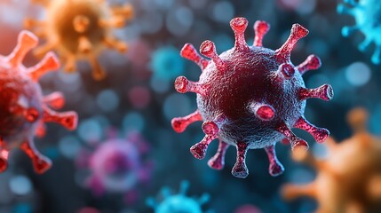 Microscopic View of Red Viral Particles / 赤いウイルス粒子の顕微鏡画像