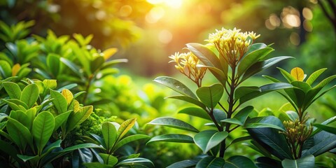 Obraz premium Lush Green Foliage with Delicate Pale Yellow Blossoms Illuminated by Warm Sunlight