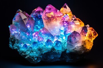 Vibrant cluster of multicolored crystals.  Intensely glowing, multifaceted gemstone cluster in vibrant hues.  Captivating gem cluster lit from within