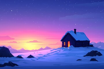 Fototapeta premium Serene Winter Cabin in Snowy Mountain Landscape at Sunset – Enchanting Night Sky with Stars and Cozy Warm Light in Remote Wilderness расстояние.