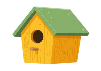 A cartoon birdhouse with a green roof and a circular opening on a white background illustration