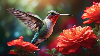 Obraz premium A vibrant hummingbird with iridescent blue and green feathers hovers mid-air