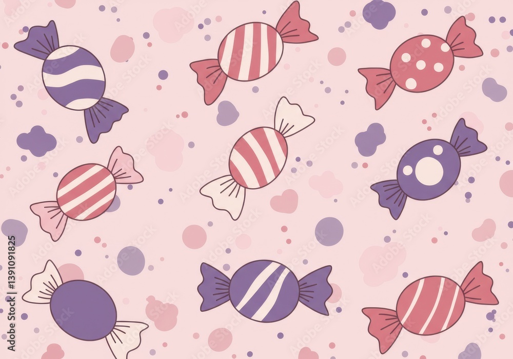 Aufkleber a repeating pattern of wrapped candies on a light pink background with colored dots and cloud shapes