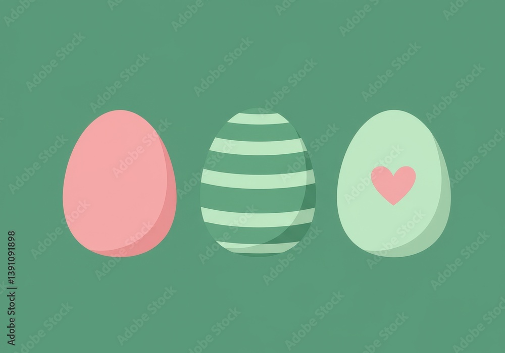 Poster three easter eggs with different designs on a green background in a simple vector illustration