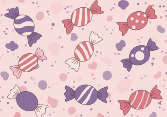 A repeating pattern of wrapped candies on a light pink background with colored dots and cloud shapes