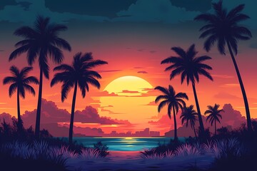 Tranquil Tropical Paradise: Vibrant Sunset Silhouetting Palm Trees on the Ocean Horizon