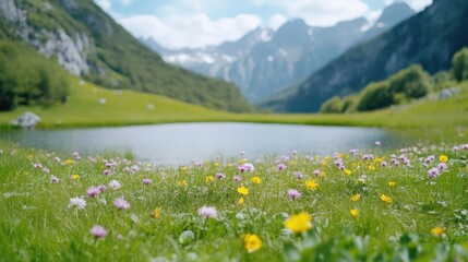 Serene alpine meadow with a tranquil lake nestled amongst high peaks.  Vibrant wildflowers dot the lush green grass surrounding the still water
