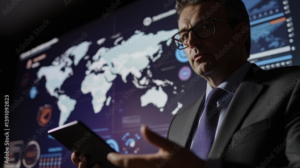 Aufkleber politician analyzing global trends and financial data on a digital tablet while focusing on politica