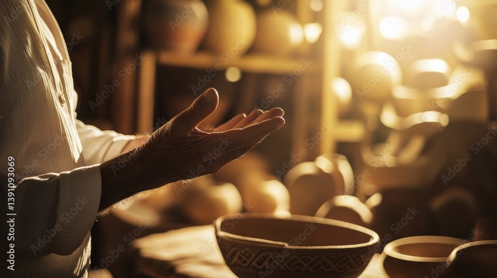 Aufkleber senior potter displaying skilled hands while working in a pottery workshop, surrounded by numerous c
