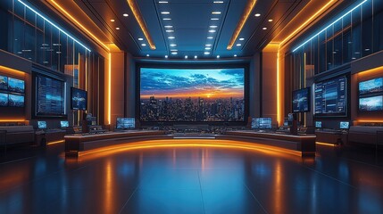 Modern television news studio with large digital screen, designed using generative AI for a futuristic broadcast environment