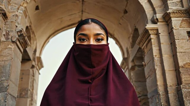 Woman wearing a maroon niqab stands confidently at an ancient stone archway in a historic setting during daylight