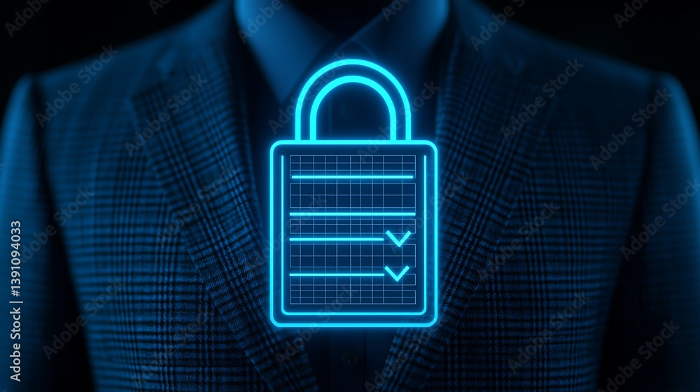 Poster neon security protocol overlay on textured suit: digital protection and data privacy visual, modern 