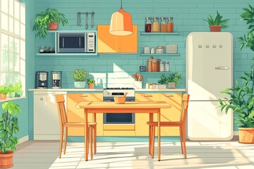 Modern Kitchen Interior Design with Sunlit Minimalistic Decor and Inviting Atmosphere Featuring Contemporary Furniture and Vibrant Potted Plants