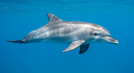 Fototapeta premium Grey Dolphin Swimming in Vibrant Blue Ocean Water
