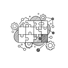 Obraz premium Microservices Architecture Icon – Puzzle Pieces and Gears Sketch for DevOps Presentations, Cloud Infographics, and System Integration Concepts