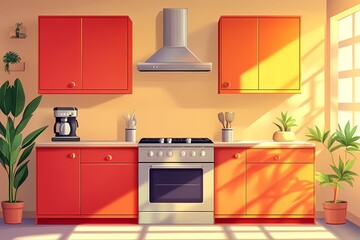 Modern Kitchen Interior Design with Orange Cabinets and Cozy Home Decor