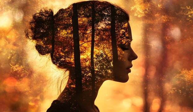Woman's silhouette with trees and autumn leaves double exposure warm colors.
