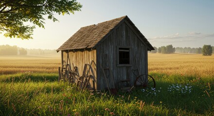 Obraz premium Rural Wooden Shed Amidst Golden Fields with Early Morning Sun and Tools Display