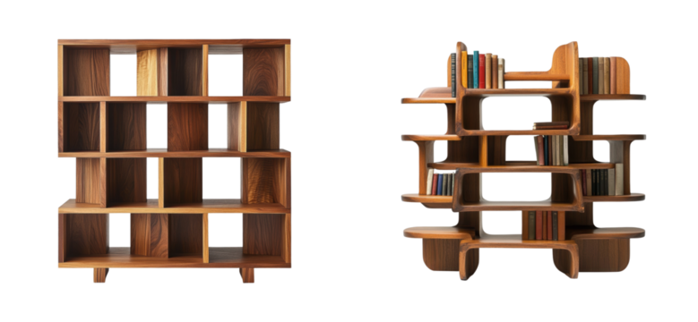 Unique wooden bookshelves displaying modern design in home office. Cut out set