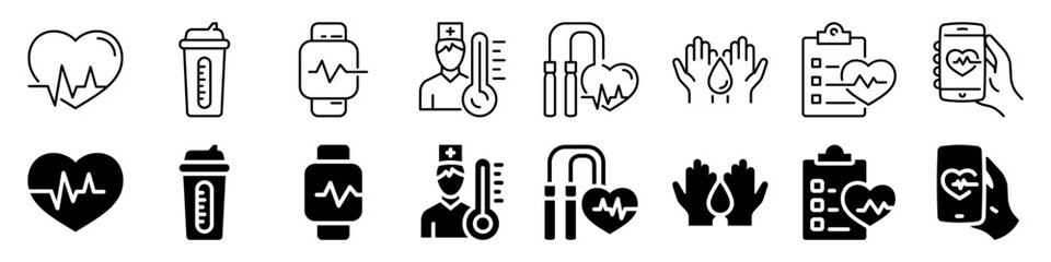 Health and fitness icon set for medical and wellness. Line and silhouette style.