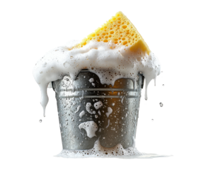 Metallic bucket filled with soap, water, and sponge for cleaning tasks