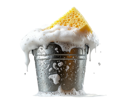 Metallic bucket filled with soap, water, and sponge for cleaning tasks