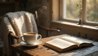 Enjoying Coffee and Book Reading in a Cozy Relaxing Environment