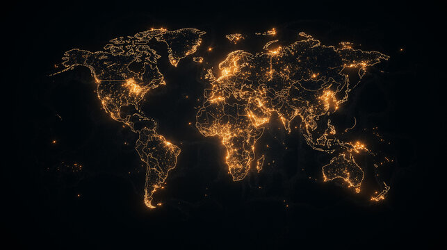 Global Illumination: A mesmerizing visual, the image presents a captivating representation of Earth from space, where illuminated cities and urban centers glow, forming a vivid map of human presence.