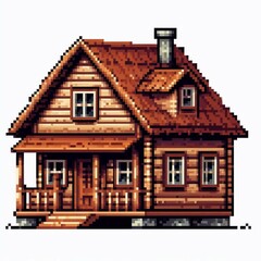 Pixel Art Log Cabin Rustic Design Suitable for Digital Content