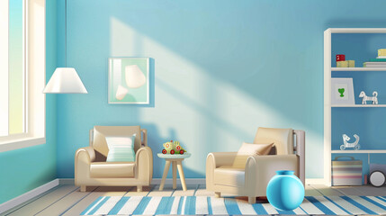 Hyper realistic vector therapist's office wall, therapeutic toys, light blue colors, medical room, consolatory, relaxing colors, townhouse, family counselor's sitting room.