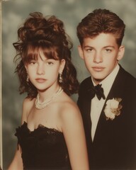 Nostalgic 1980s prom portrait of teenage couple in black formal wear, smiling gently with vintage soft focus.