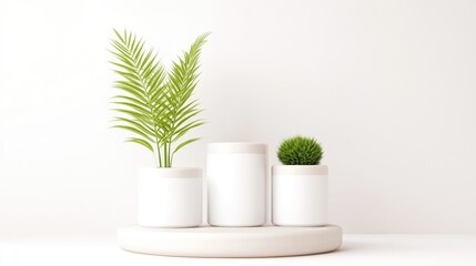 Minimalist scene with potted plants on a round platform. Three white cylindrical planters hold greenery, creating a tranquil and modern aesthetic
