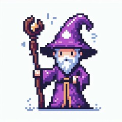 Pixel Art Purple Wizard with Staff suitable for creative presentation