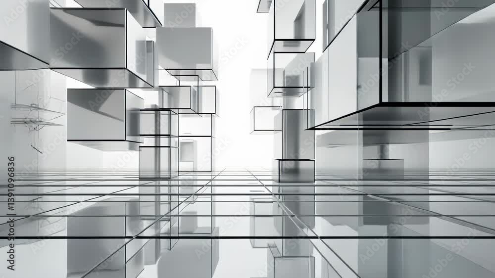 Aufkleber A complex arrangement of cubes and planar forms create an abstract, geometric space. The surfaces are highly reflective, creating a depth of field and highlighting the interplay of light and shadow.