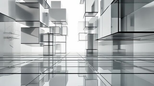 A complex arrangement of cubes and planar forms create an abstract, geometric space. The surfaces are highly reflective, creating a depth of field and highlighting the interplay of light and shadow.