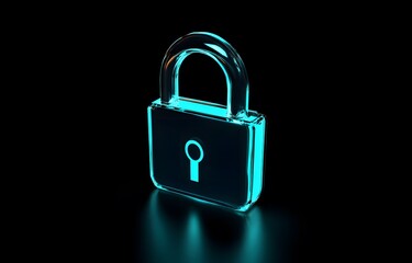 Glowing blue padlock icon on a black background security concept.